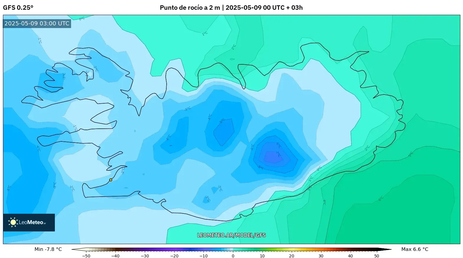 GFS - Islandia, Punto de rocío a 2 m GFS - Islandia, Punto de rocío a 2 m
