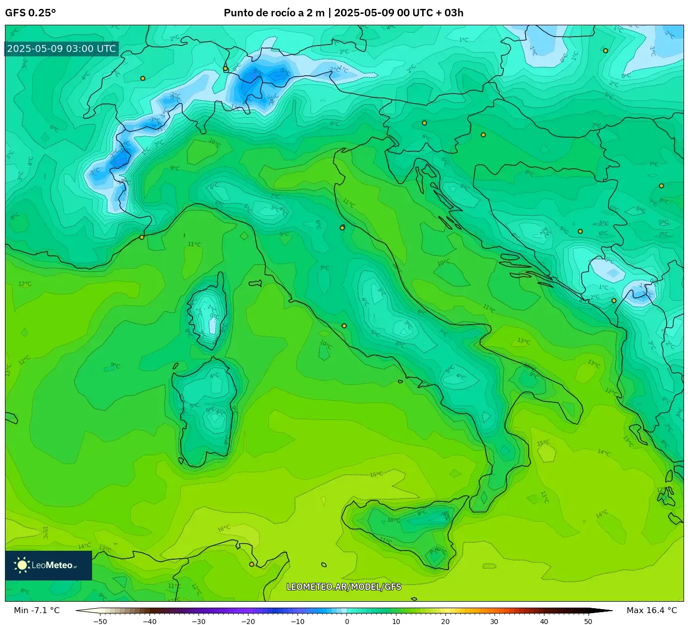 GFS - Italia, Punto de rocío a 2 m GFS - Italia, Punto de rocío a 2 m