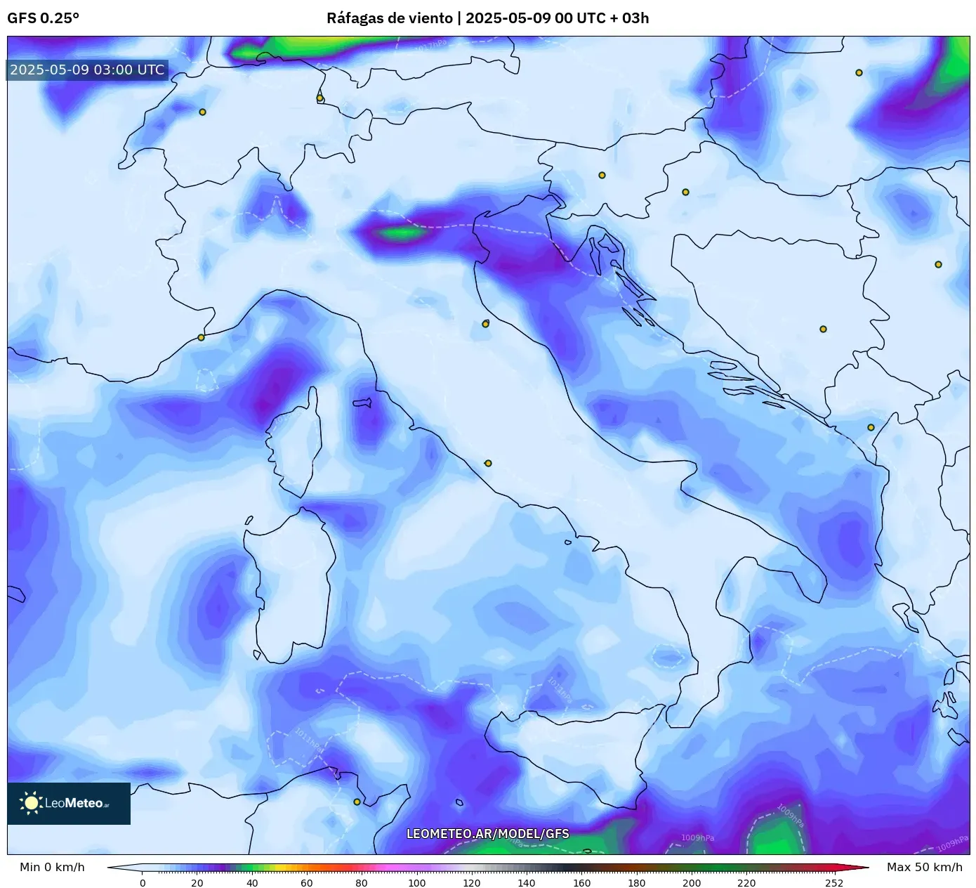 GFS - Italia, Ráfagas de viento GFS - Italia, Ráfagas de viento