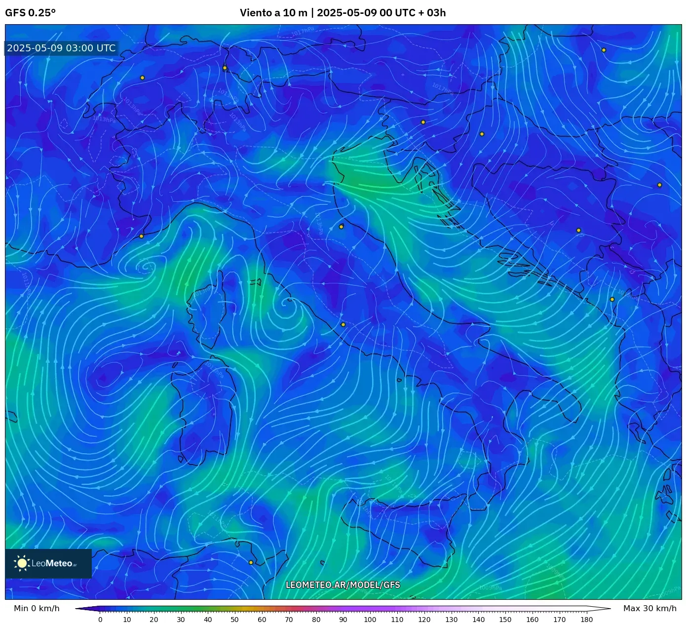 GFS - Italia, Viento a 10 m GFS - Italia, Viento a 10 m