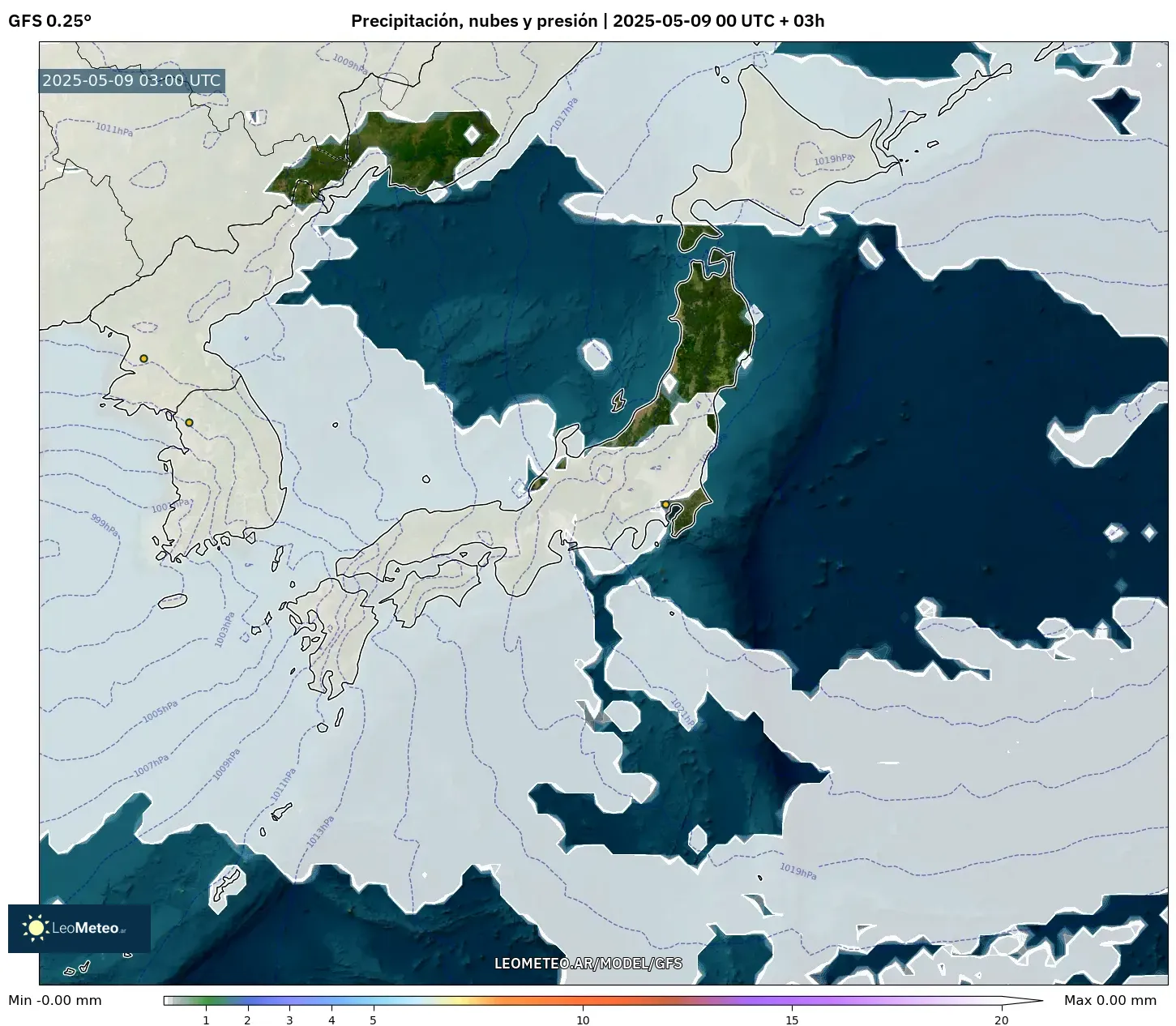 GFS - Japón, Precipitación, nubes y presión GFS - Japón, Precipitación, nubes y presión