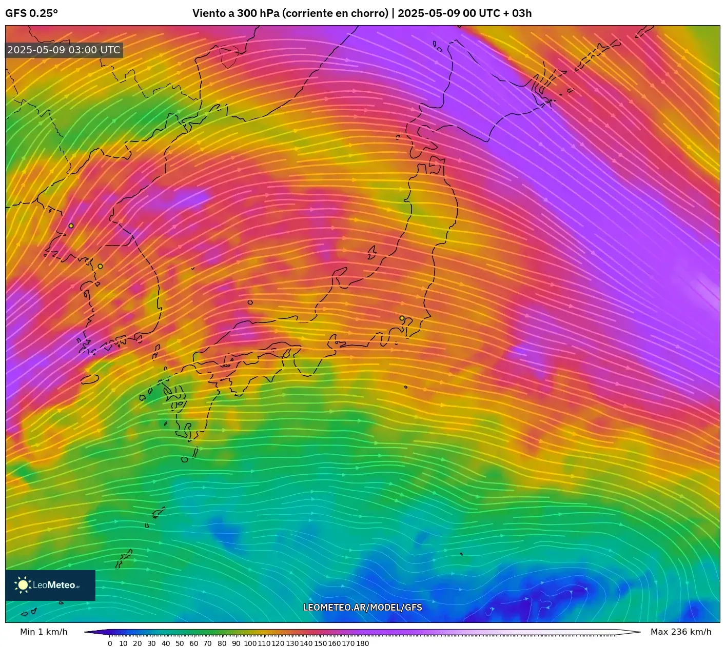 GFS - Japón, Viento a 300 hPa (corriente en chorro) GFS - Japón, Viento a 300 hPa (corriente en chorro)