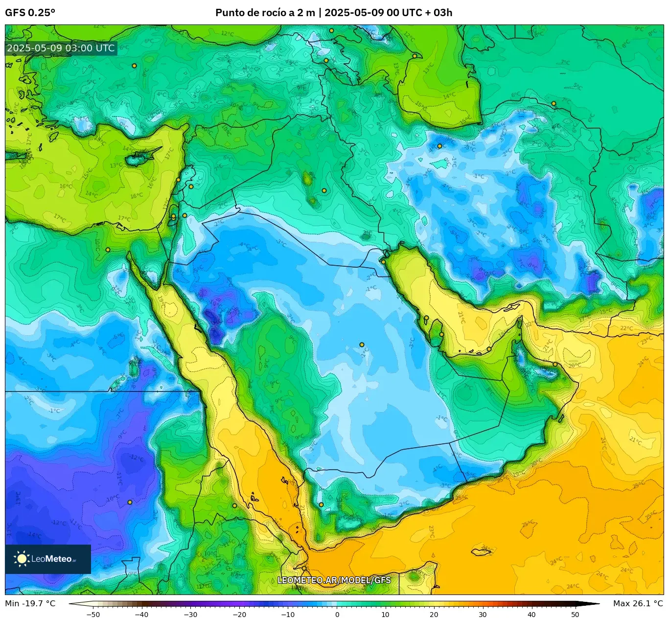 GFS - Oriente Medio, Punto de rocío a 2 m GFS - Oriente Medio, Punto de rocío a 2 m