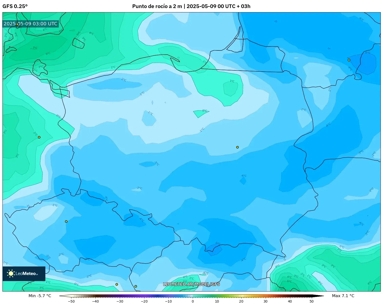 GFS - Polonia, Punto de rocío a 2 m GFS - Polonia, Punto de rocío a 2 m