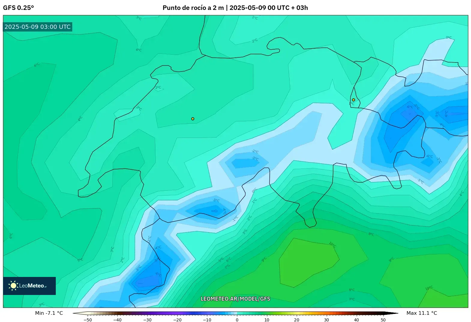 GFS - Suiza, Punto de rocío a 2 m GFS - Suiza, Punto de rocío a 2 m