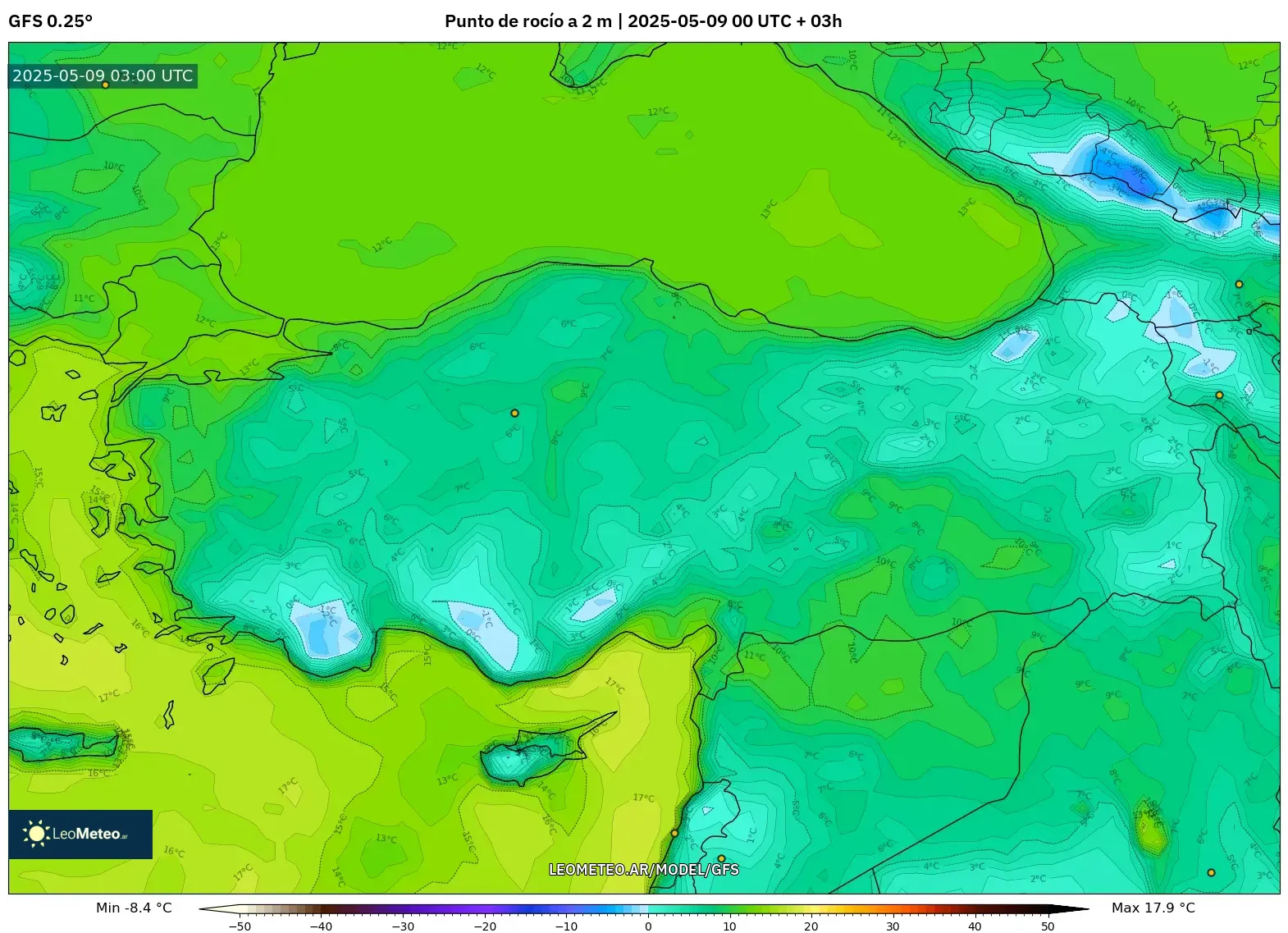 GFS - Turquía, Punto de rocío a 2 m GFS - Turquía, Punto de rocío a 2 m