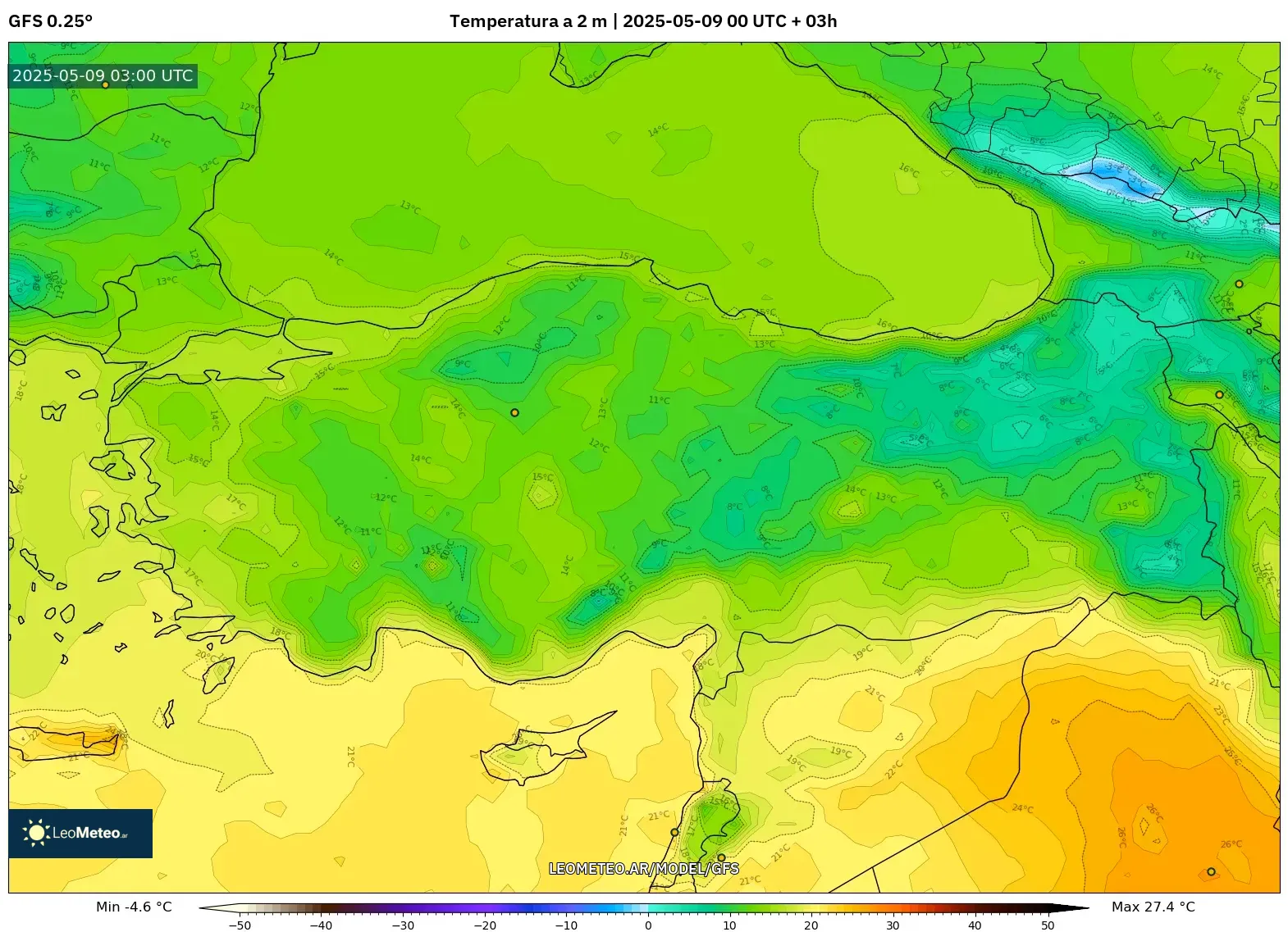 GFS - Turquía, Temperatura a 2 m GFS - Turquía, Temperatura a 2 m