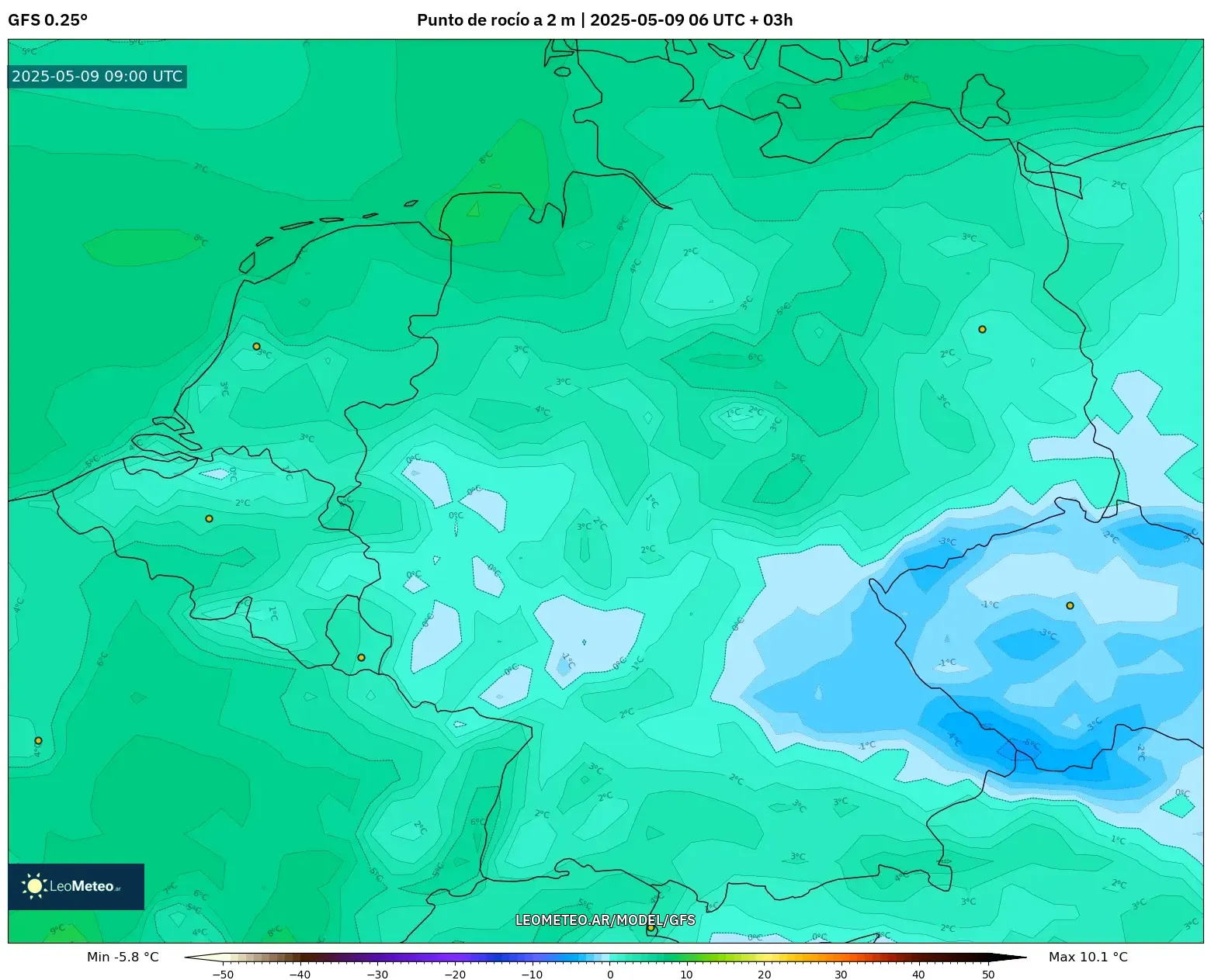 GFS - Alemania, Punto de rocío a 2 m GFS - Alemania, Punto de rocío a 2 m