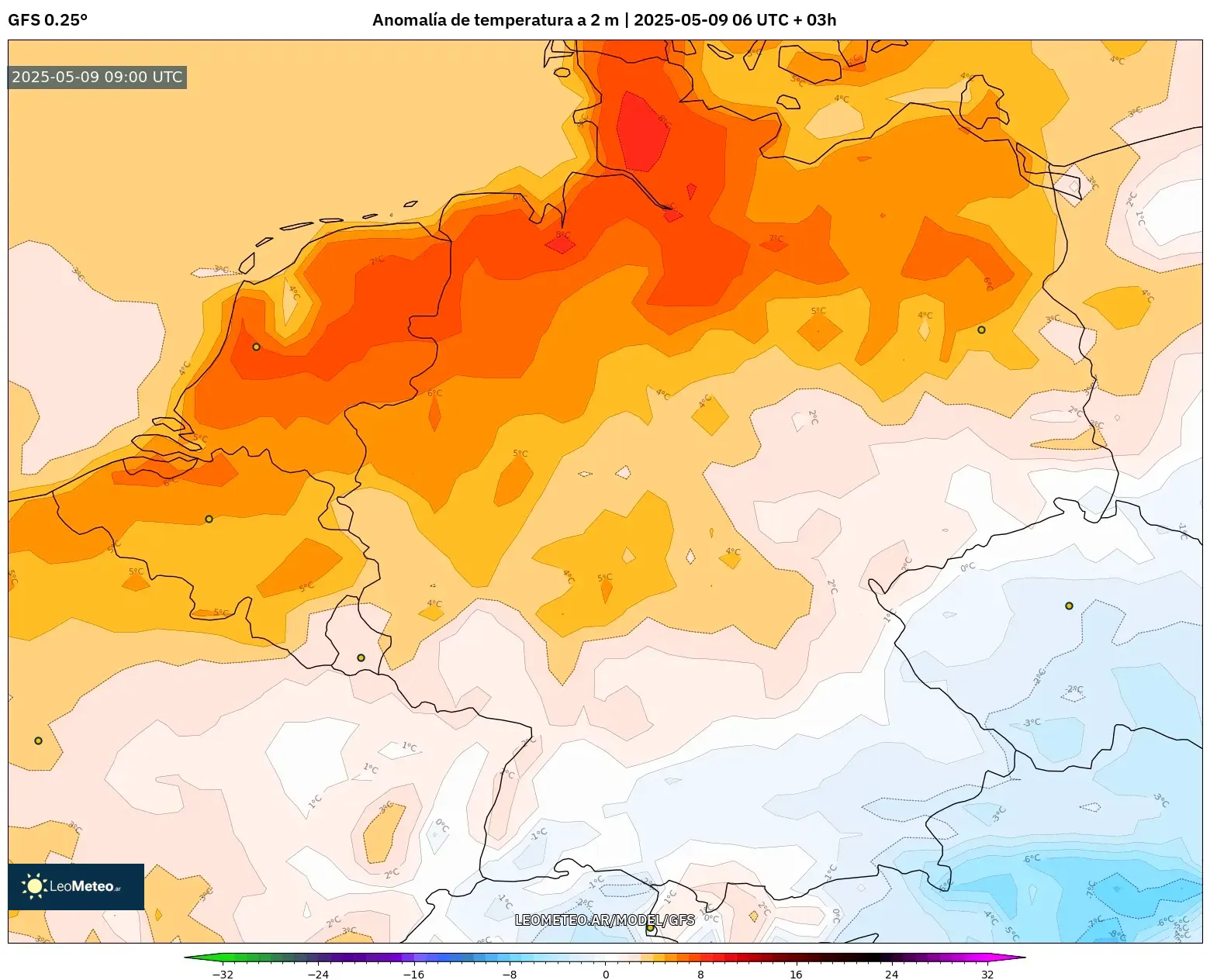 GFS - Alemania, Anomalía de temperatura a 2 m GFS - Alemania, Anomalía de temperatura a 2 m