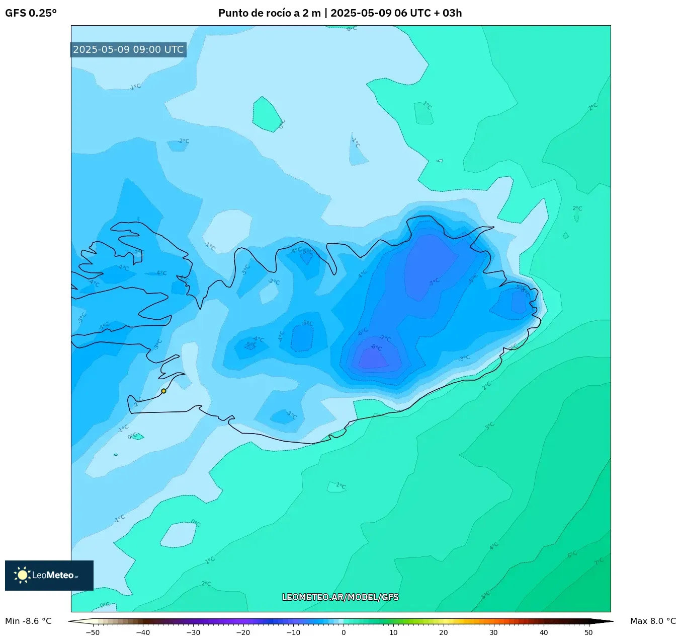 GFS - Argentina, Punto de rocío a 2 m GFS - Argentina, Punto de rocío a 2 m