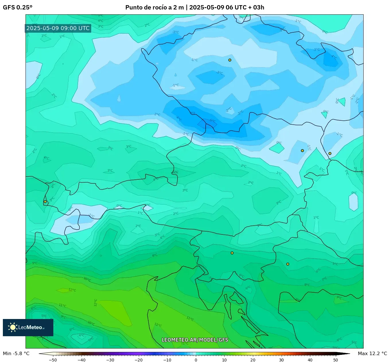 GFS - Austria, Punto de rocío a 2 m GFS - Austria, Punto de rocío a 2 m