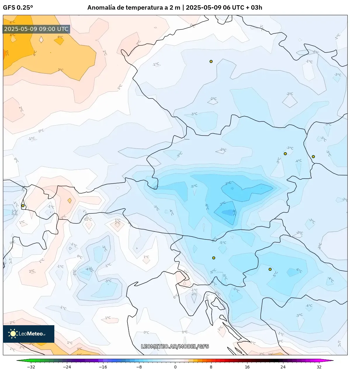 GFS - Austria, Anomalía de temperatura a 2 m GFS - Austria, Anomalía de temperatura a 2 m
