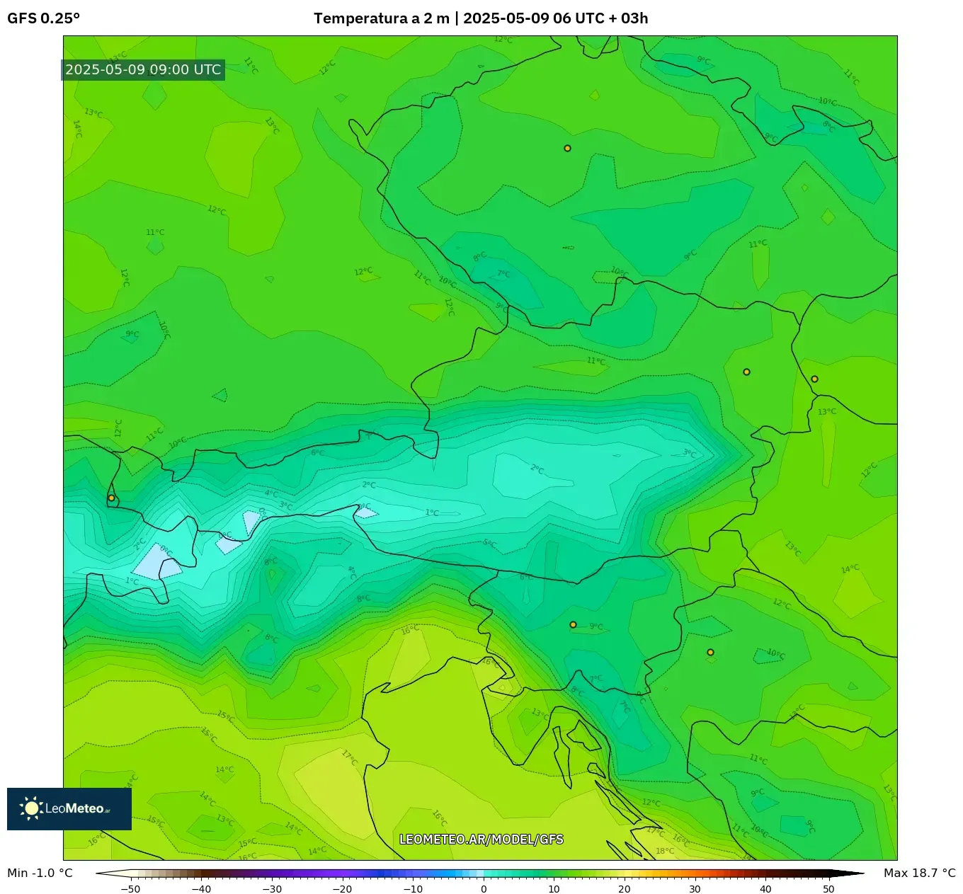 GFS - Austria, Temperatura a 2 m GFS - Austria, Temperatura a 2 m