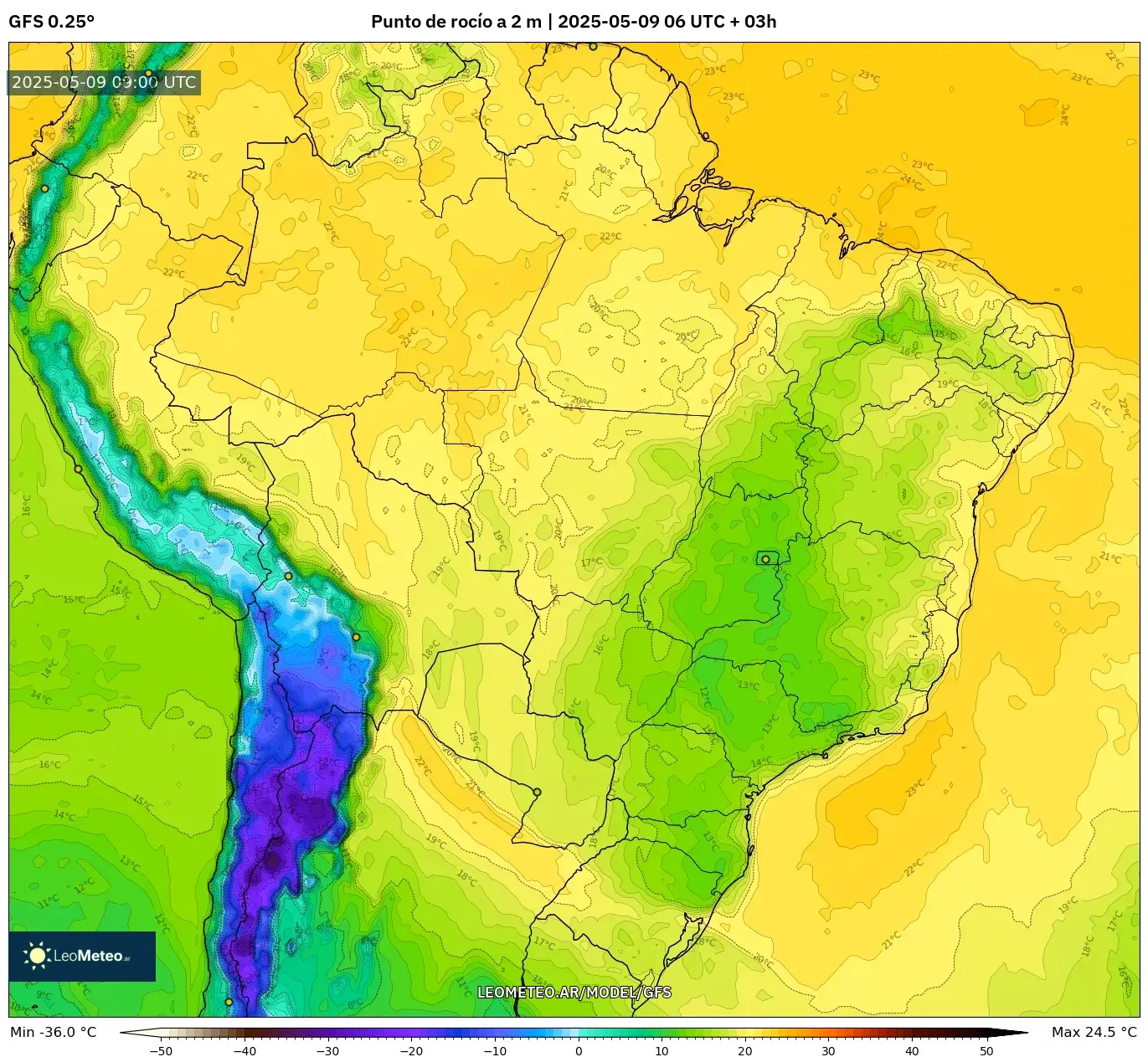 GFS - Brasil, Punto de rocío a 2 m GFS - Brasil, Punto de rocío a 2 m