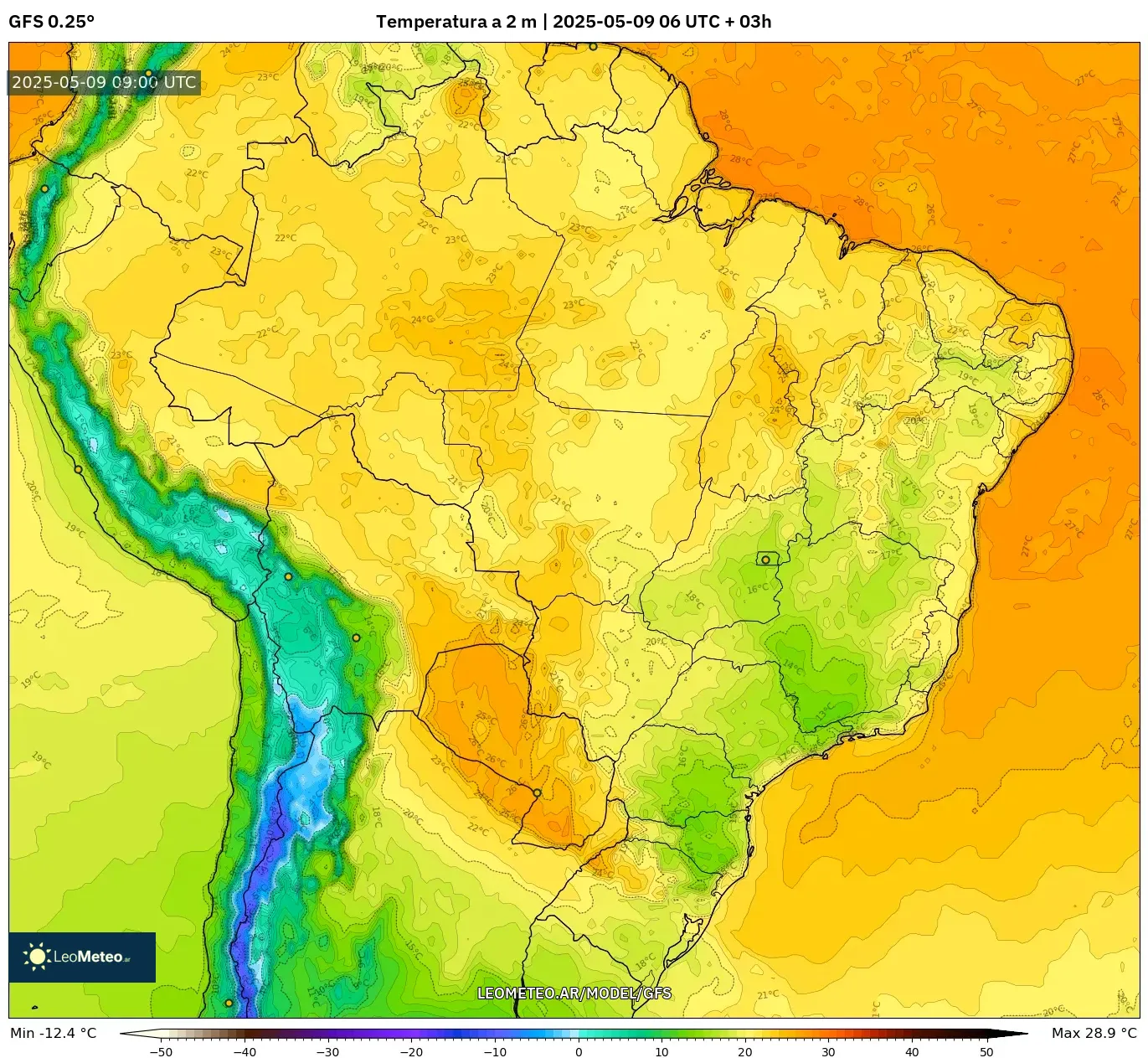 GFS - Brasil, Temperatura a 2 m GFS - Brasil, Temperatura a 2 m