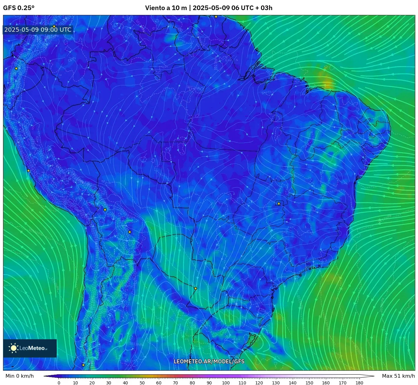 GFS - Brasil, Viento a 10 m GFS - Brasil, Viento a 10 m