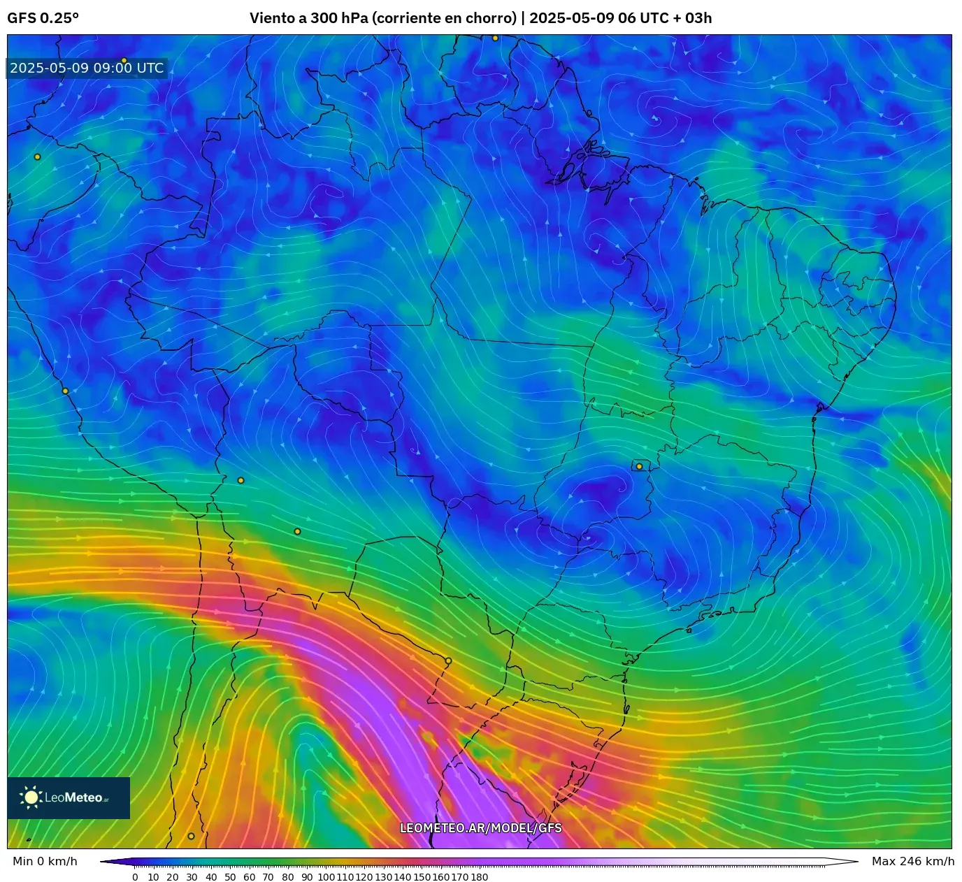 GFS - Brasil, Viento a 300 hPa (corriente en chorro) GFS - Brasil, Viento a 300 hPa (corriente en chorro)