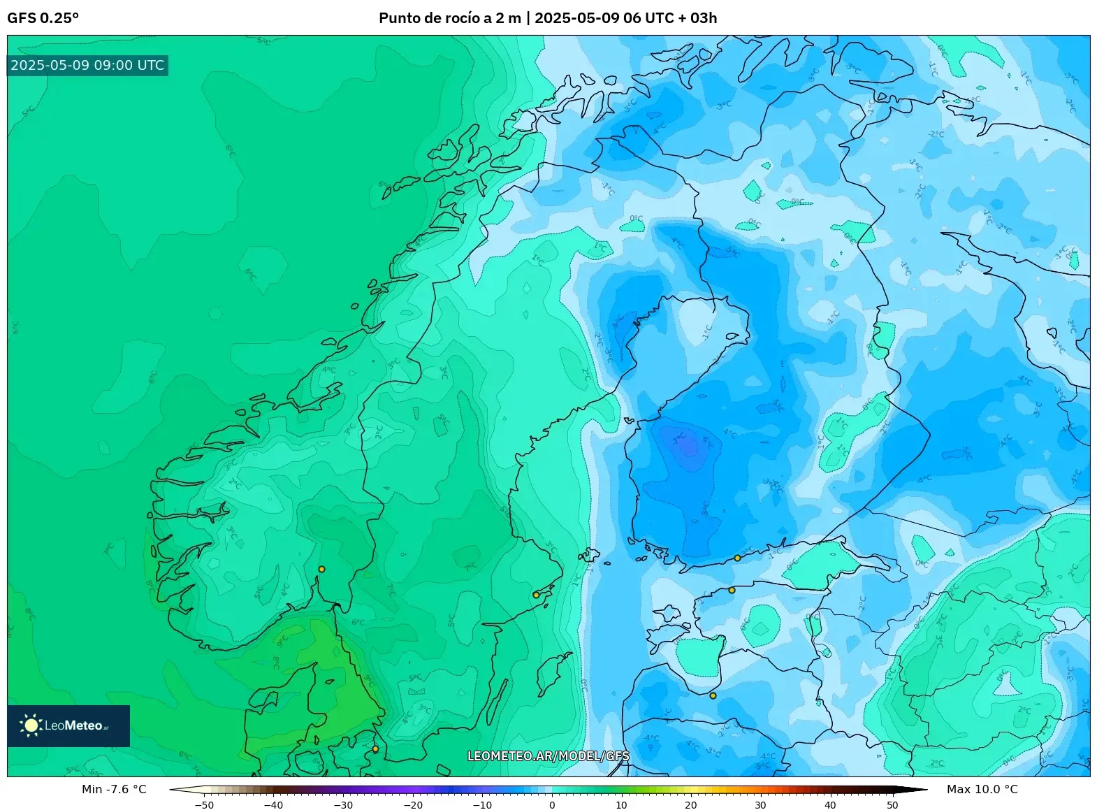 GFS - Escandinavia, Punto de rocío a 2 m GFS - Escandinavia, Punto de rocío a 2 m
