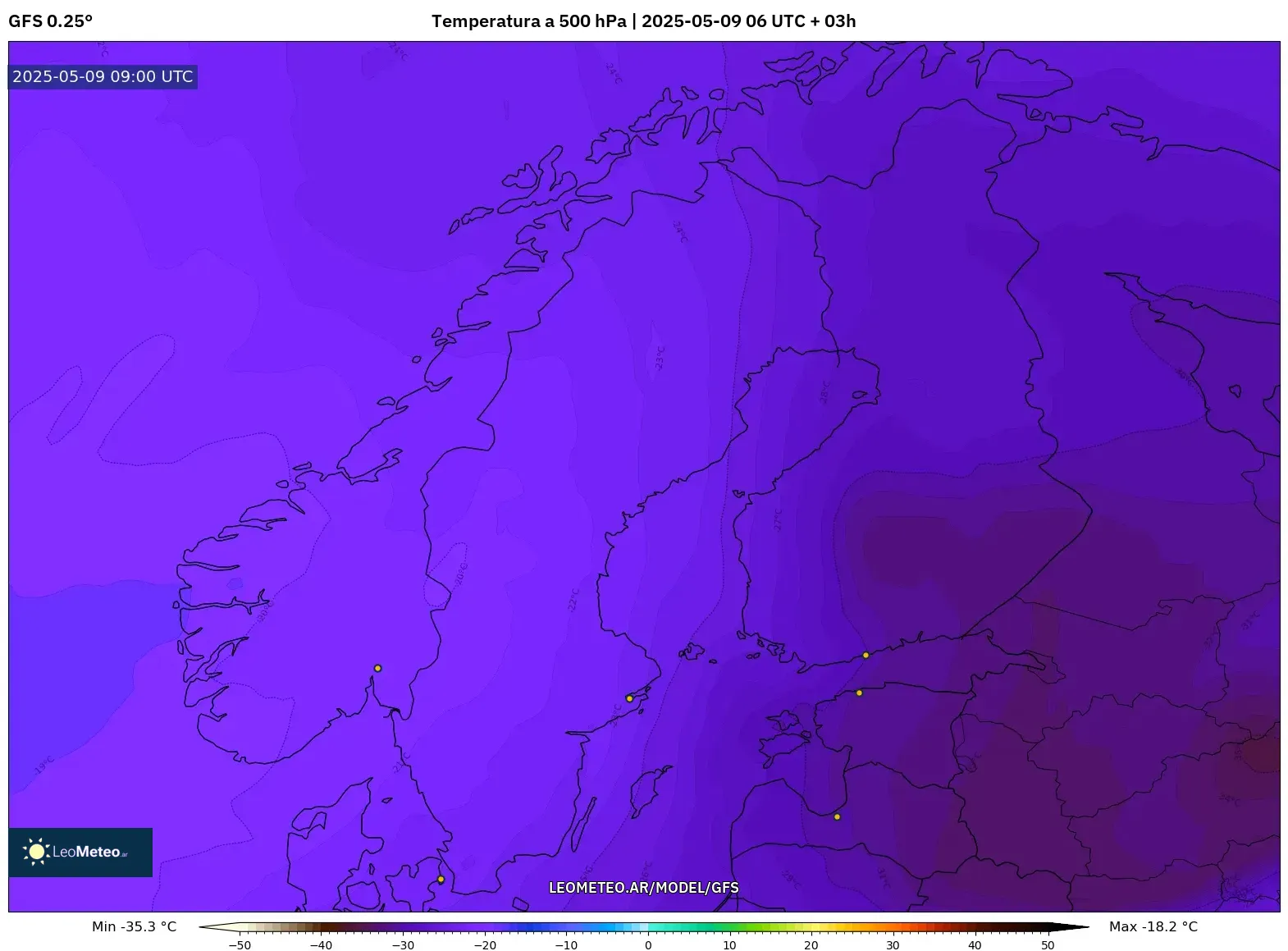 GFS - Escandinavia, Temperatura a 500 hPa GFS - Escandinavia, Temperatura a 500 hPa