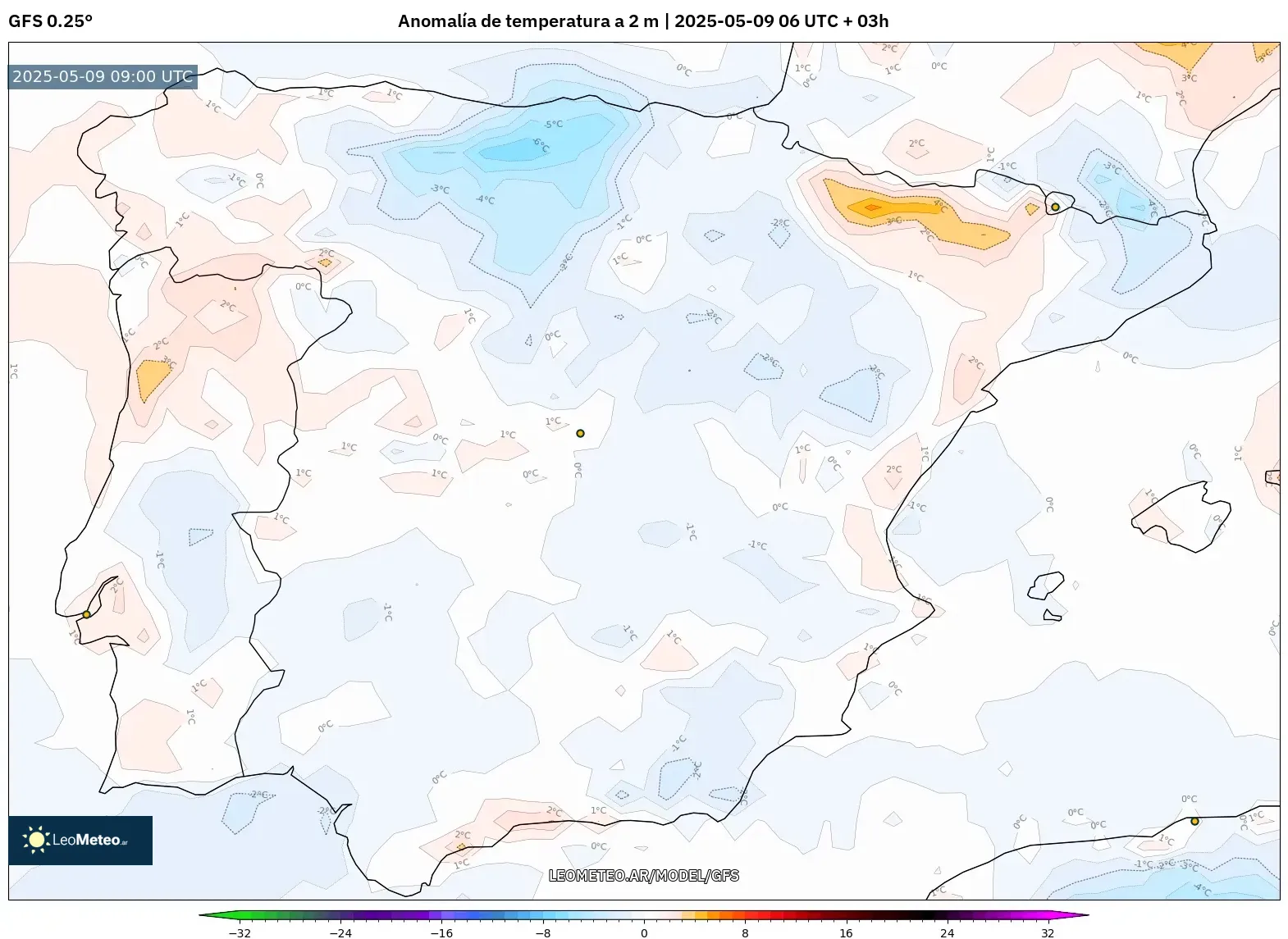 GFS - España, Anomalía de temperatura a 2 m GFS - España, Anomalía de temperatura a 2 m