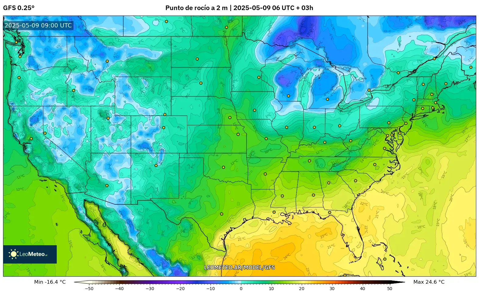 GFS - Estados Unidos, Punto de rocío a 2 m GFS - Estados Unidos, Punto de rocío a 2 m