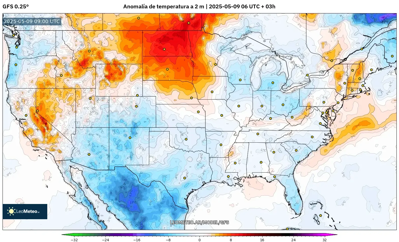 GFS - Estados Unidos, Anomalía de temperatura a 2 m GFS - Estados Unidos, Anomalía de temperatura a 2 m