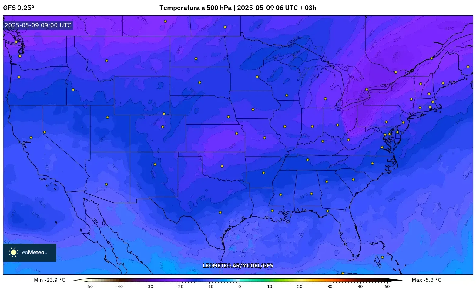 GFS - Estados Unidos, Temperatura a 500 hPa GFS - Estados Unidos, Temperatura a 500 hPa