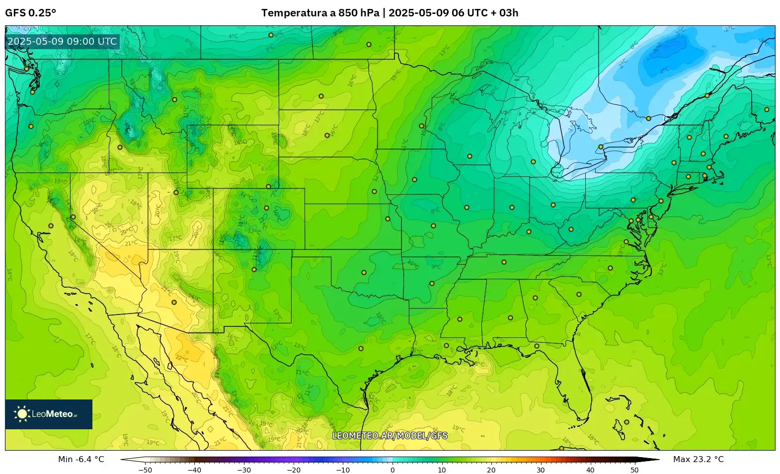 GFS - Estados Unidos, Temperatura a 850 hPa GFS - Estados Unidos, Temperatura a 850 hPa