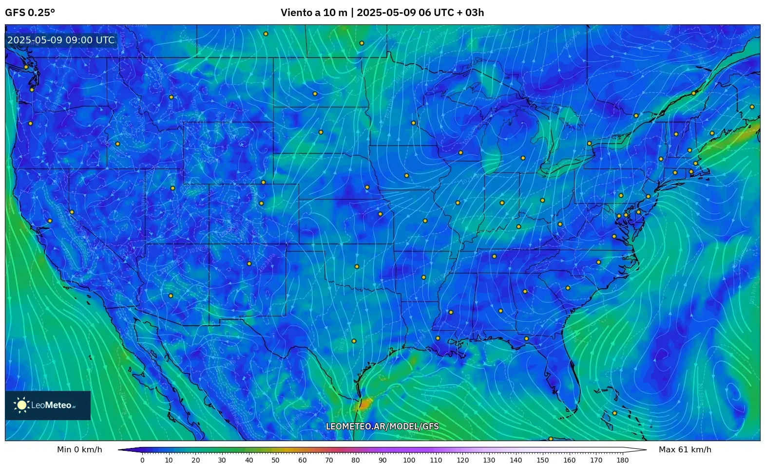 GFS - Estados Unidos, Viento a 10 m GFS - Estados Unidos, Viento a 10 m