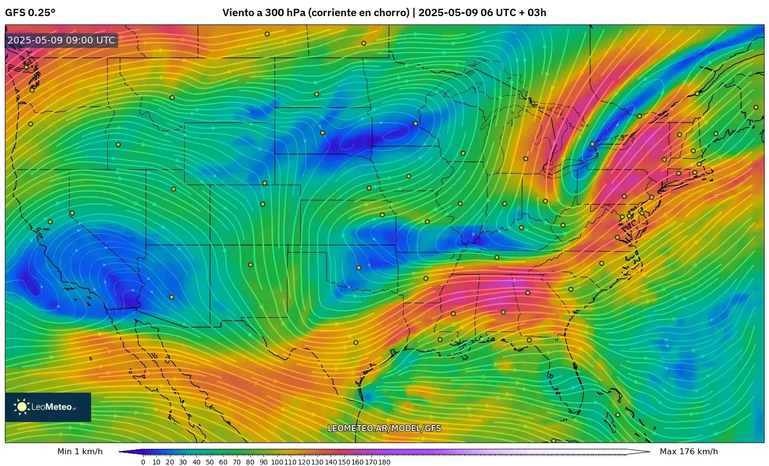 GFS - Estados Unidos, Viento a 300 hPa (corriente en chorro) GFS - Estados Unidos, Viento a 300 hPa (corriente en chorro)
