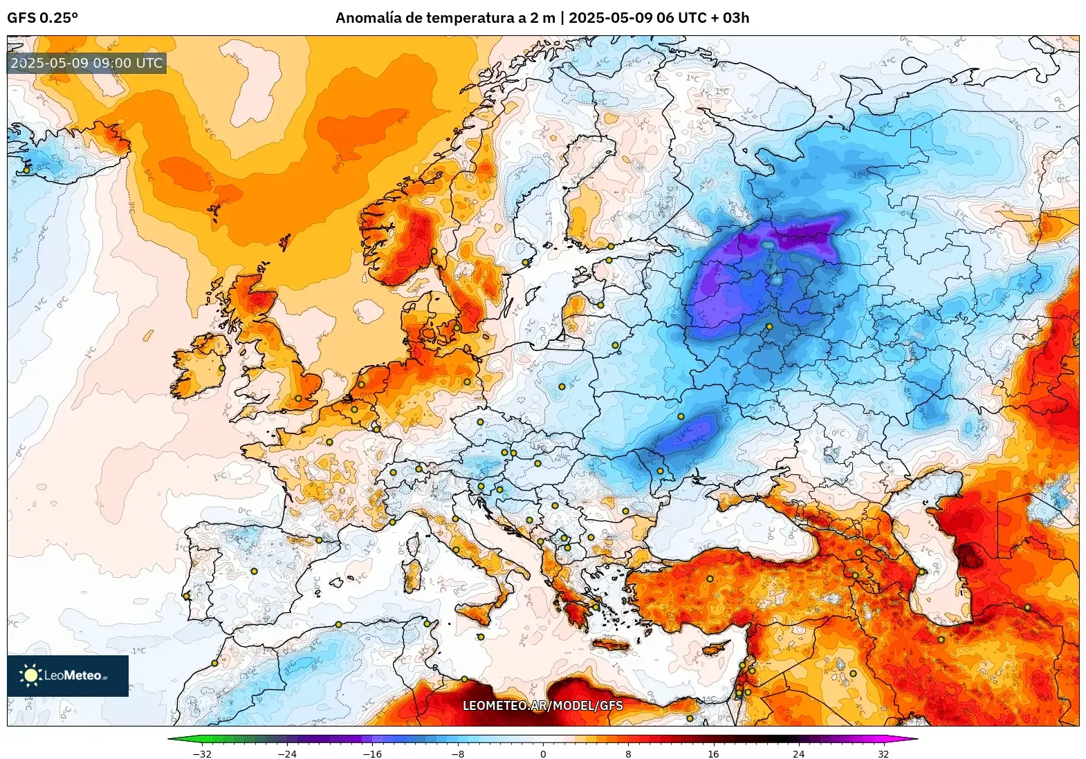 GFS - Europa, Anomalía de temperatura a 2 m