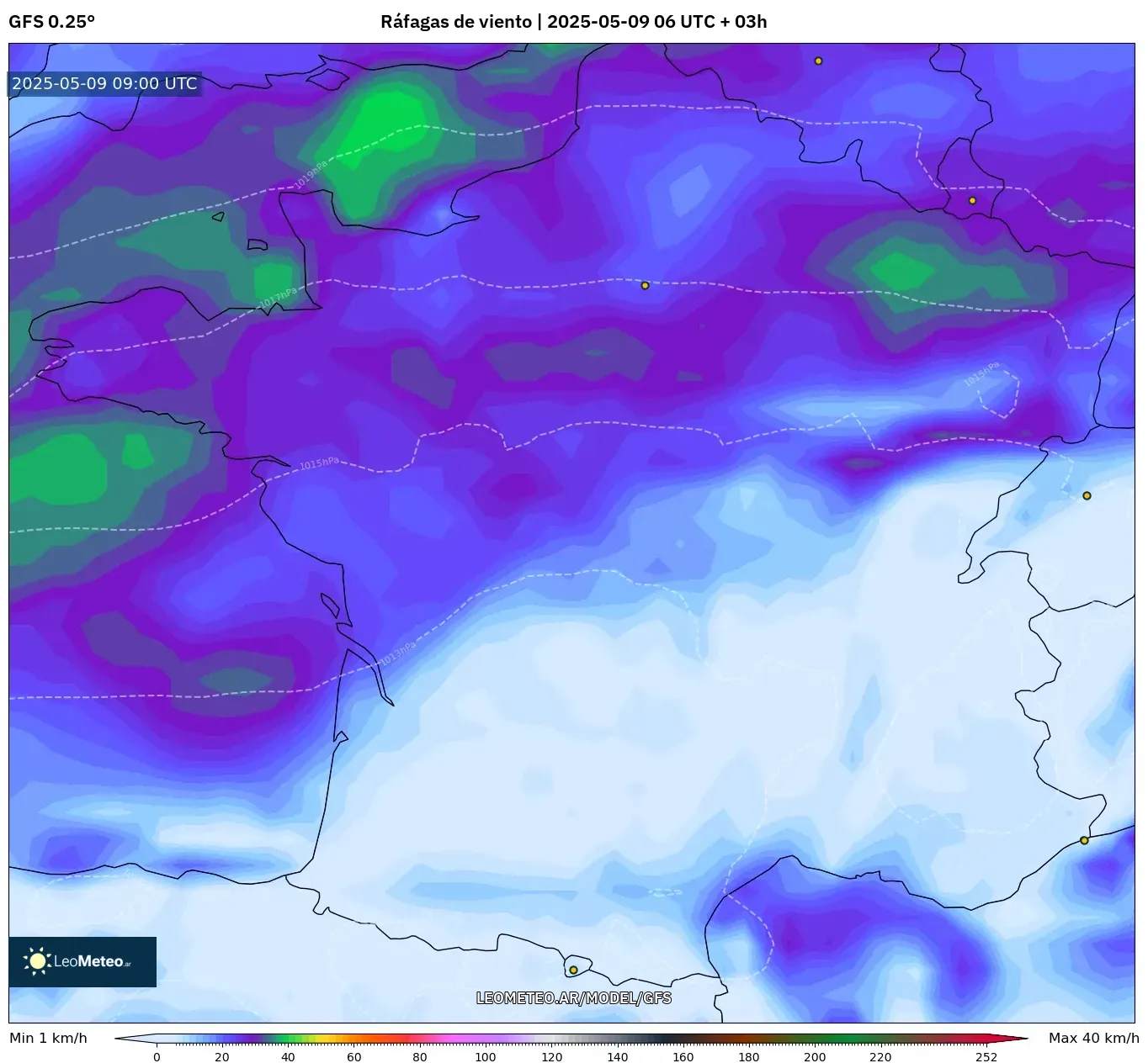 GFS - Francia, Ráfagas de viento GFS - Francia, Ráfagas de viento