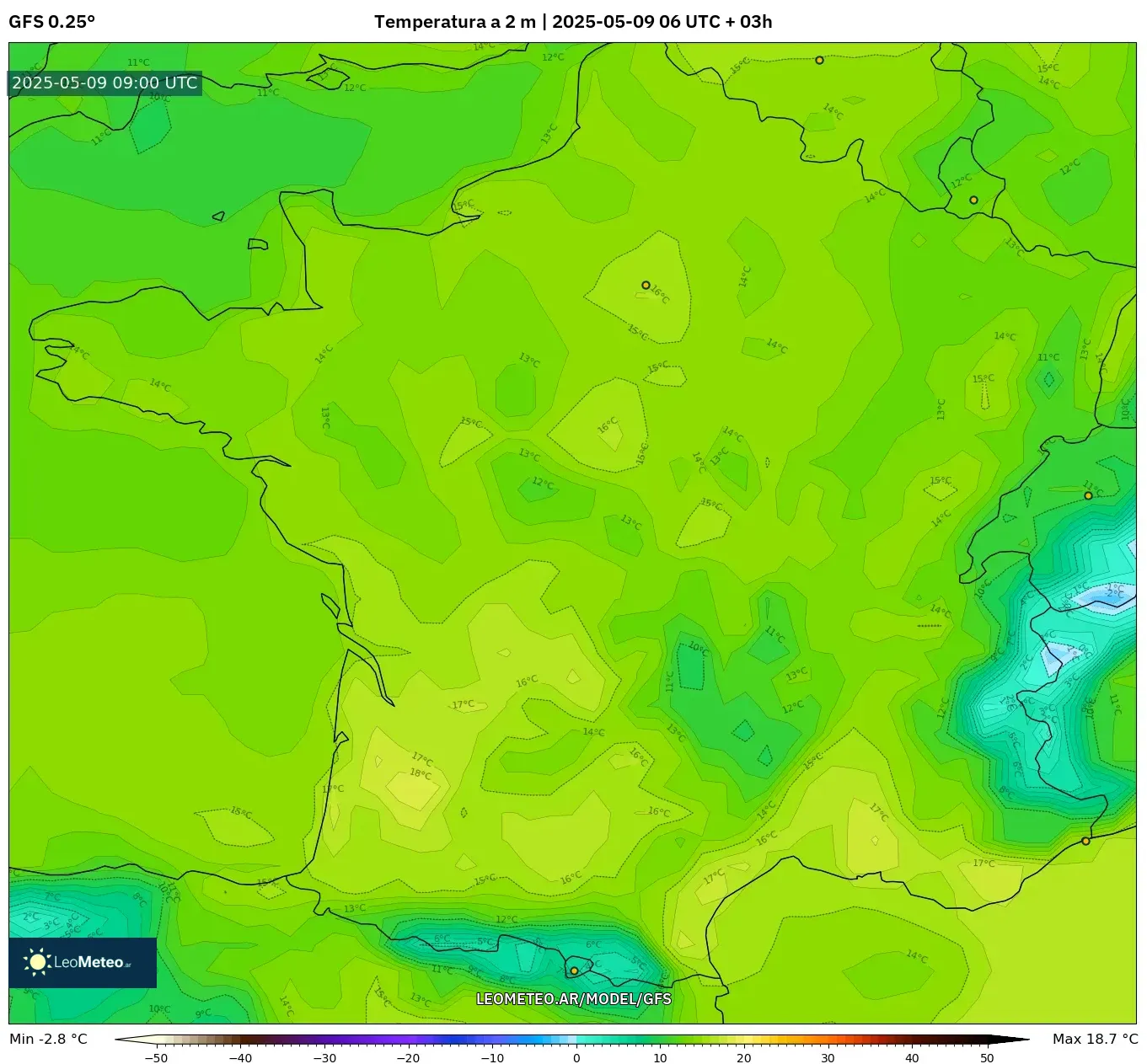 GFS - Francia, Temperatura a 2 m GFS - Francia, Temperatura a 2 m