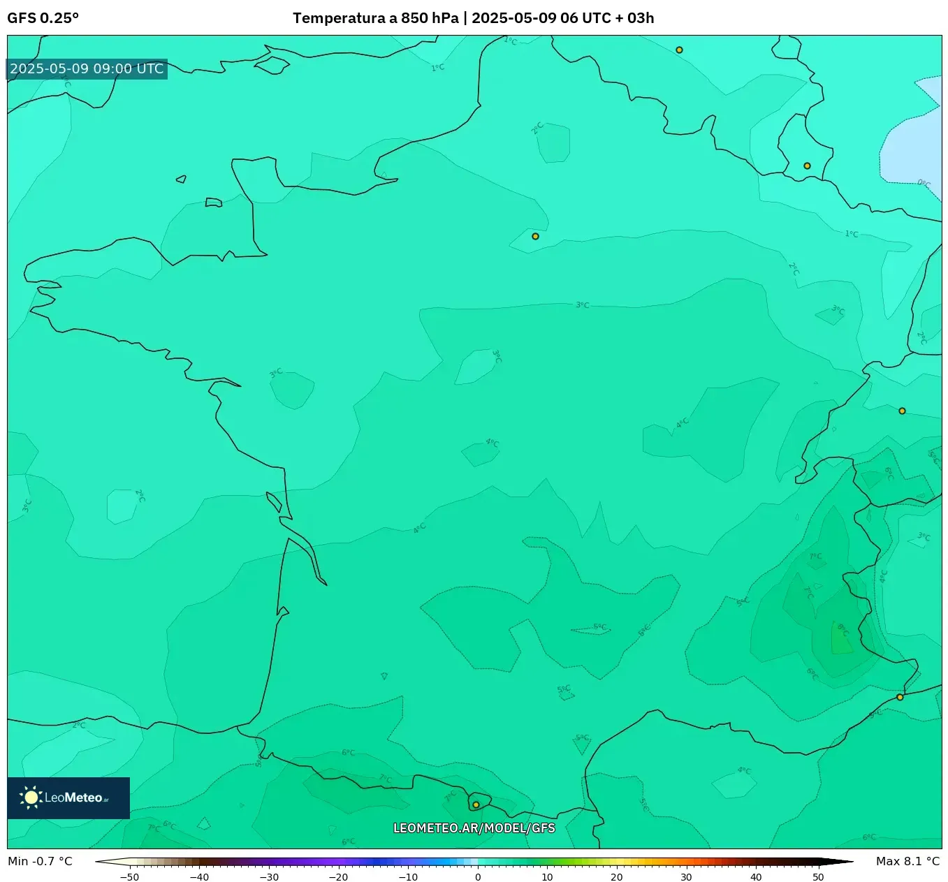 GFS - Francia, Temperatura a 850 hPa GFS - Francia, Temperatura a 850 hPa