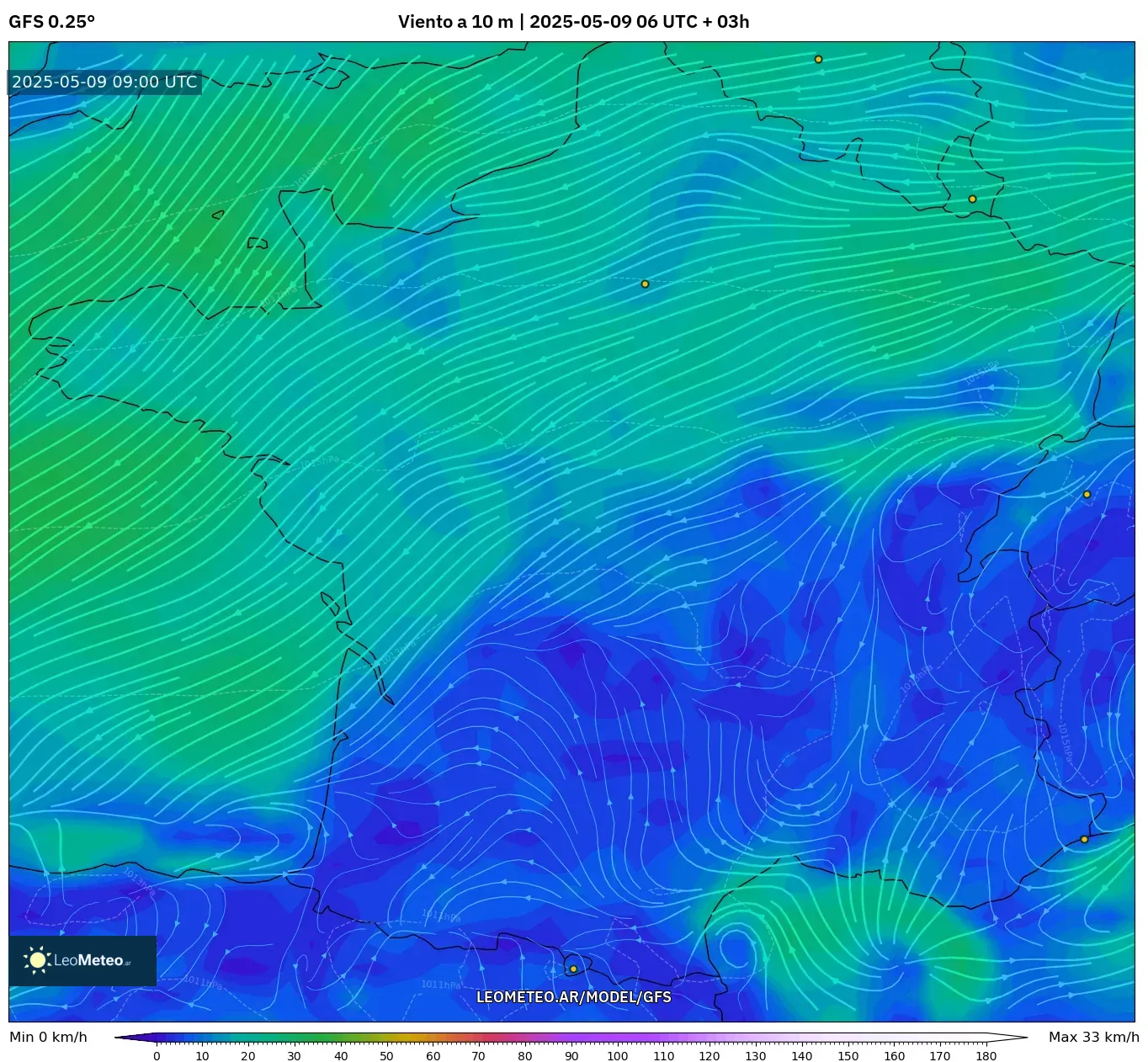 GFS - Francia, Viento a 10 m GFS - Francia, Viento a 10 m