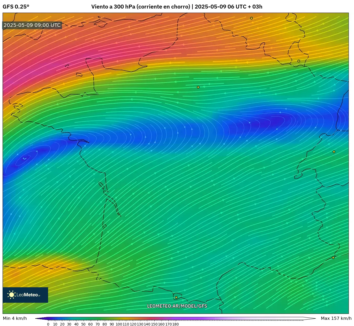 GFS - Francia, Viento a 300 hPa (corriente en chorro) GFS - Francia, Viento a 300 hPa (corriente en chorro)