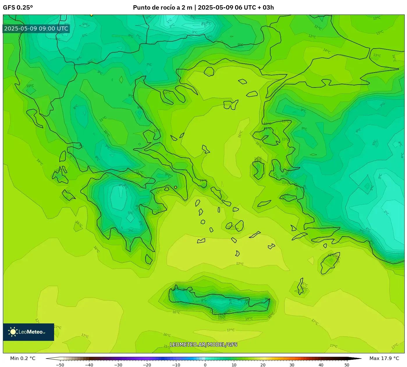 GFS - Grecia, Punto de rocío a 2 m GFS - Grecia, Punto de rocío a 2 m