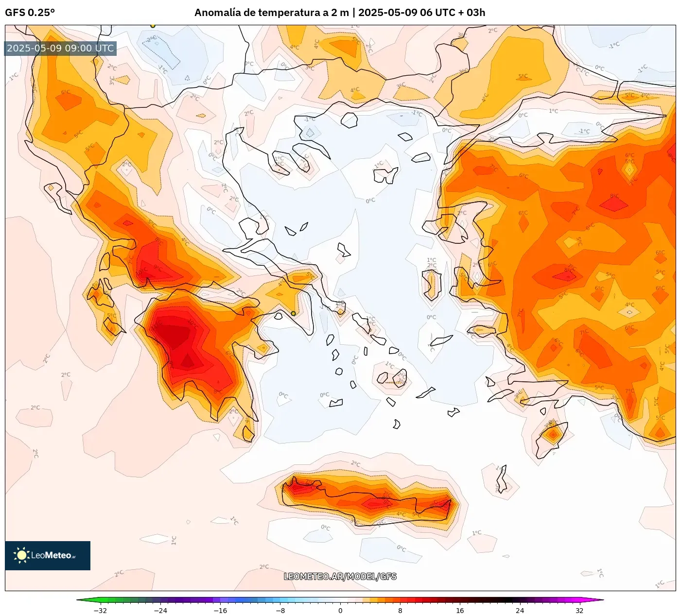 GFS - Grecia, Anomalía de temperatura a 2 m GFS - Grecia, Anomalía de temperatura a 2 m
