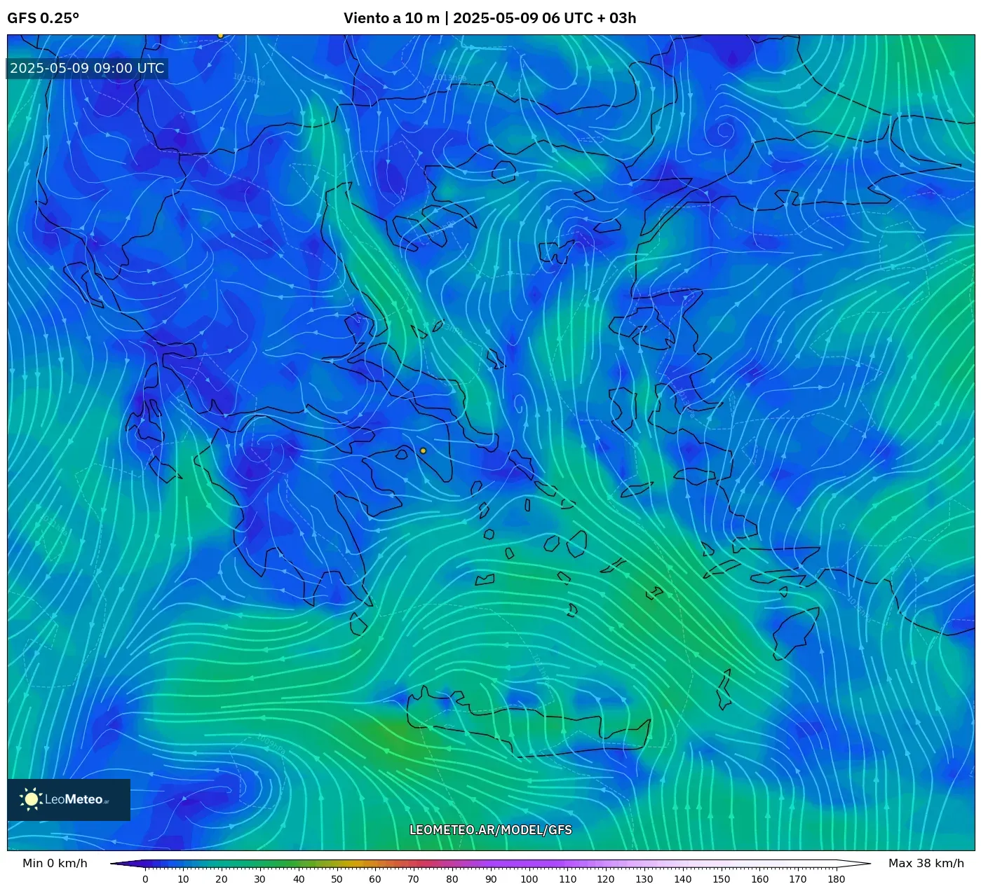 GFS - Grecia, Viento a 10 m GFS - Grecia, Viento a 10 m