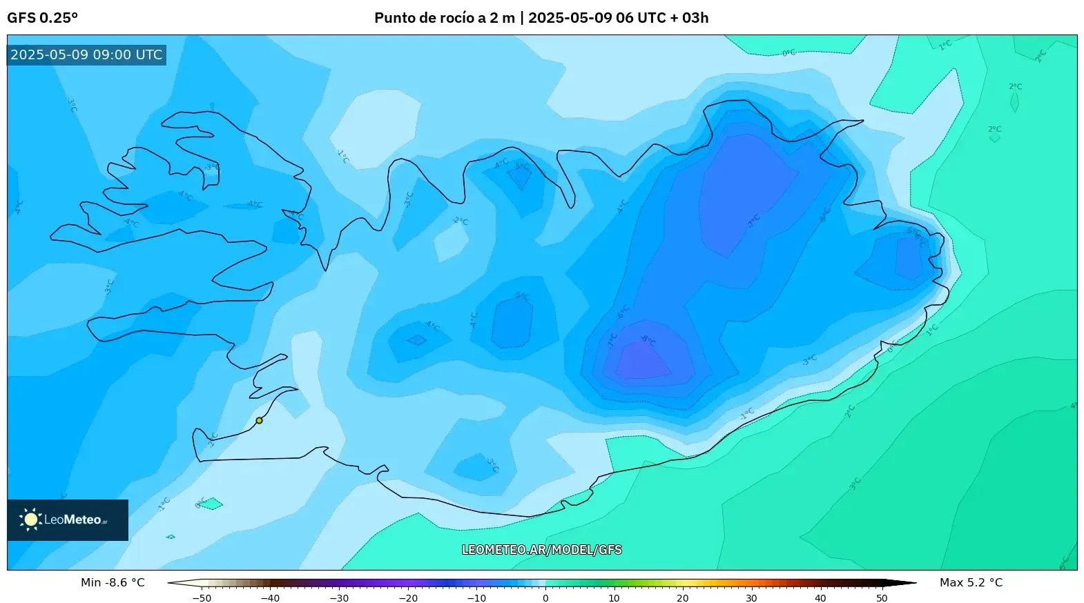 GFS - Islandia, Punto de rocío a 2 m GFS - Islandia, Punto de rocío a 2 m