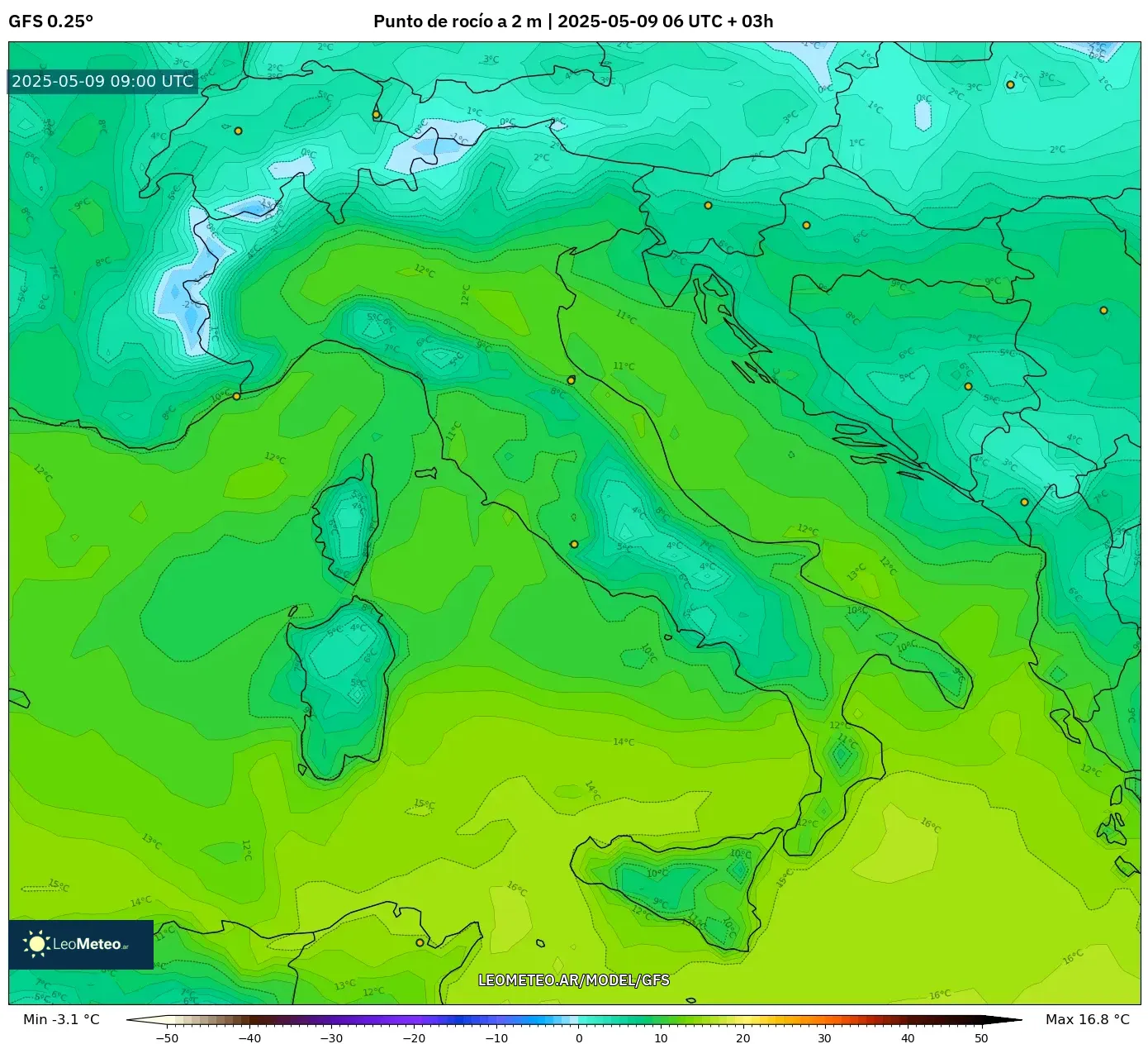 GFS - Italia, Punto de rocío a 2 m GFS - Italia, Punto de rocío a 2 m