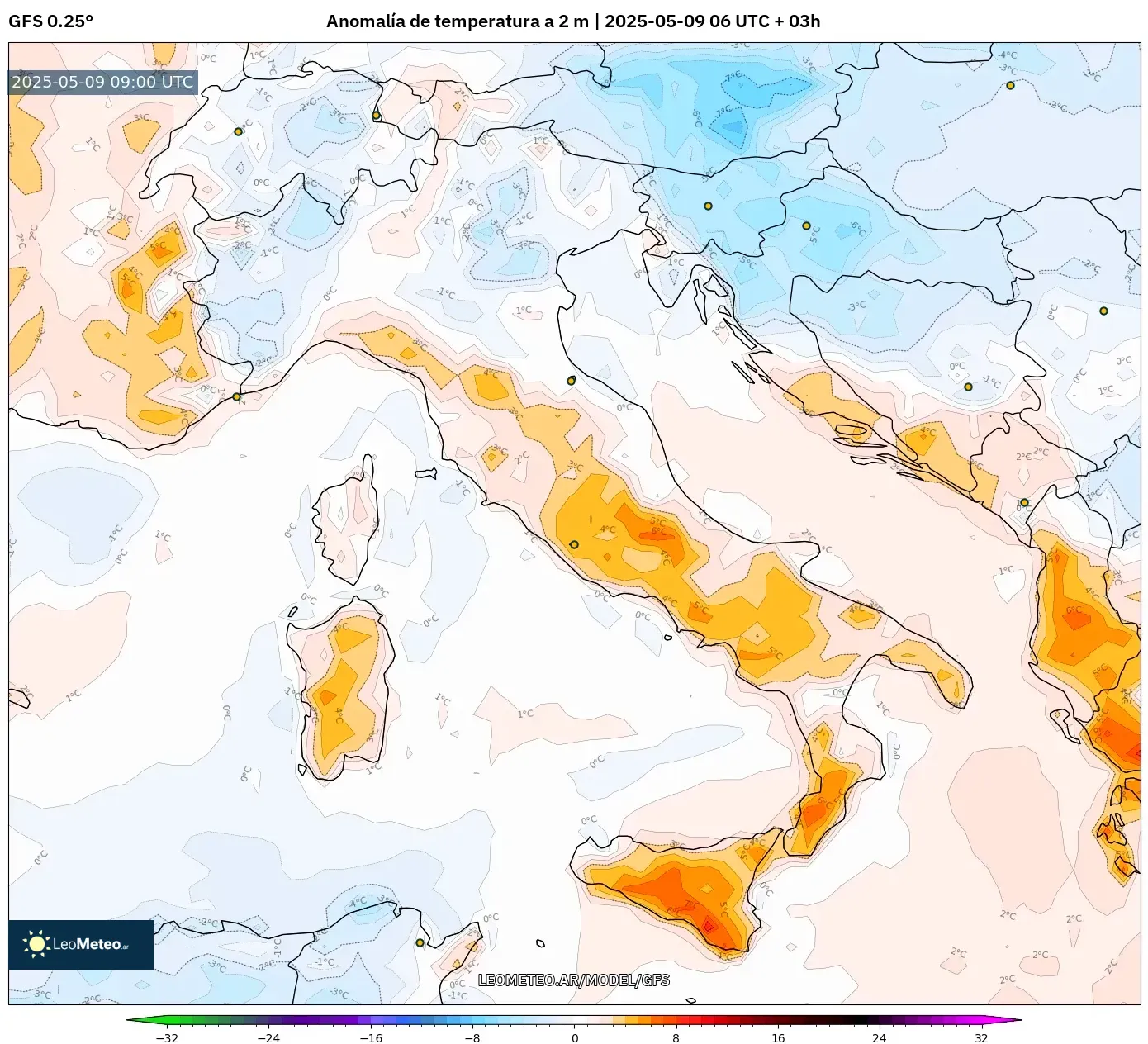 GFS - Italia, Anomalía de temperatura a 2 m GFS - Italia, Anomalía de temperatura a 2 m