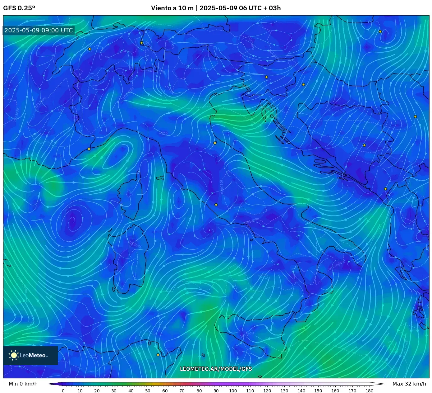 GFS - Italia, Viento a 10 m GFS - Italia, Viento a 10 m