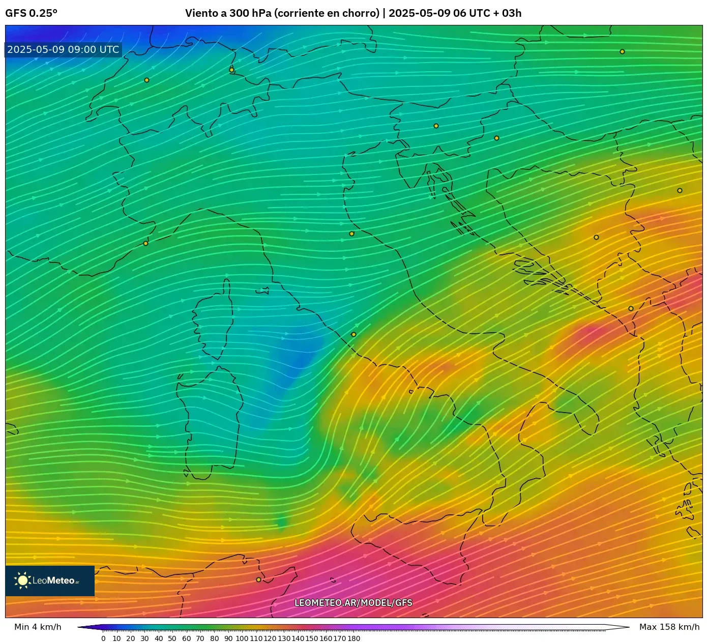 GFS - Italia, Viento a 300 hPa (corriente en chorro) GFS - Italia, Viento a 300 hPa (corriente en chorro)