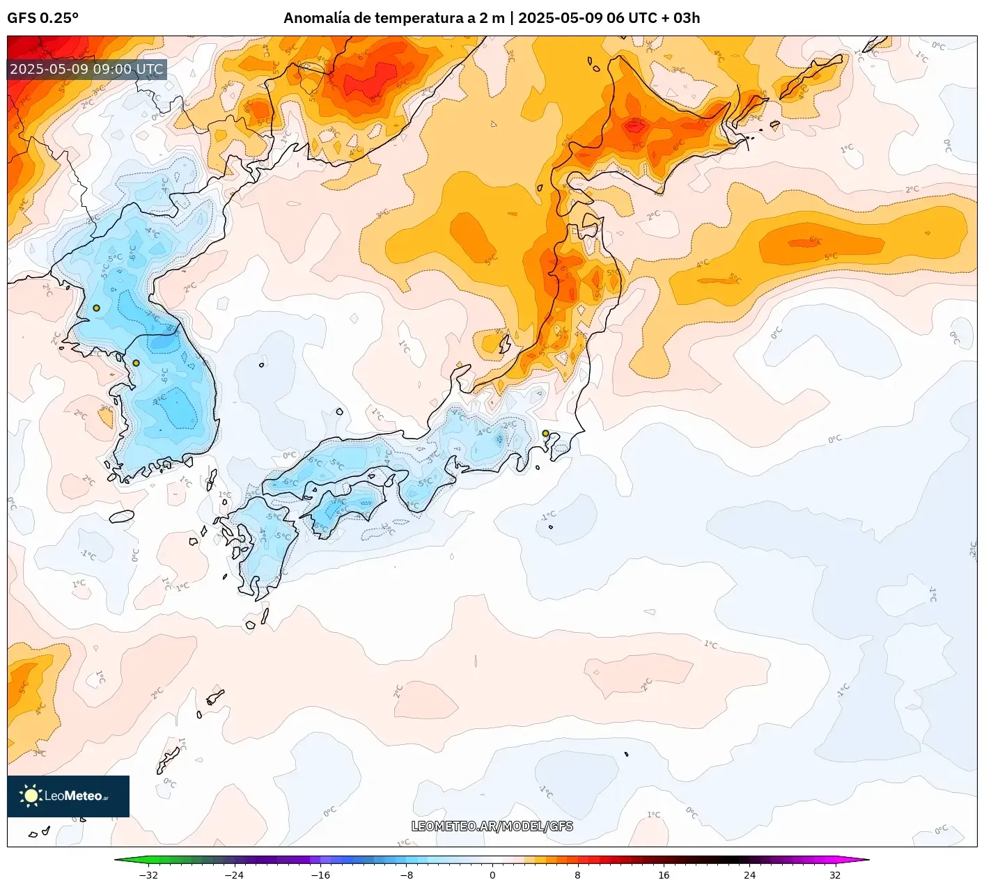 GFS - Japón, Anomalía de temperatura a 2 m GFS - Japón, Anomalía de temperatura a 2 m