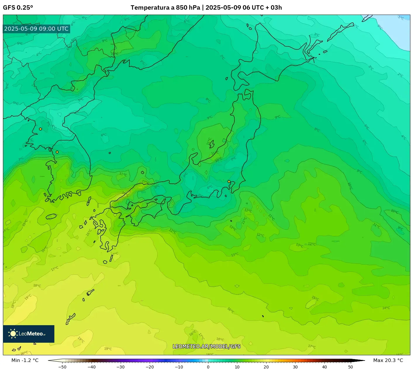 GFS - Japón, Temperatura a 850 hPa GFS - Japón, Temperatura a 850 hPa
