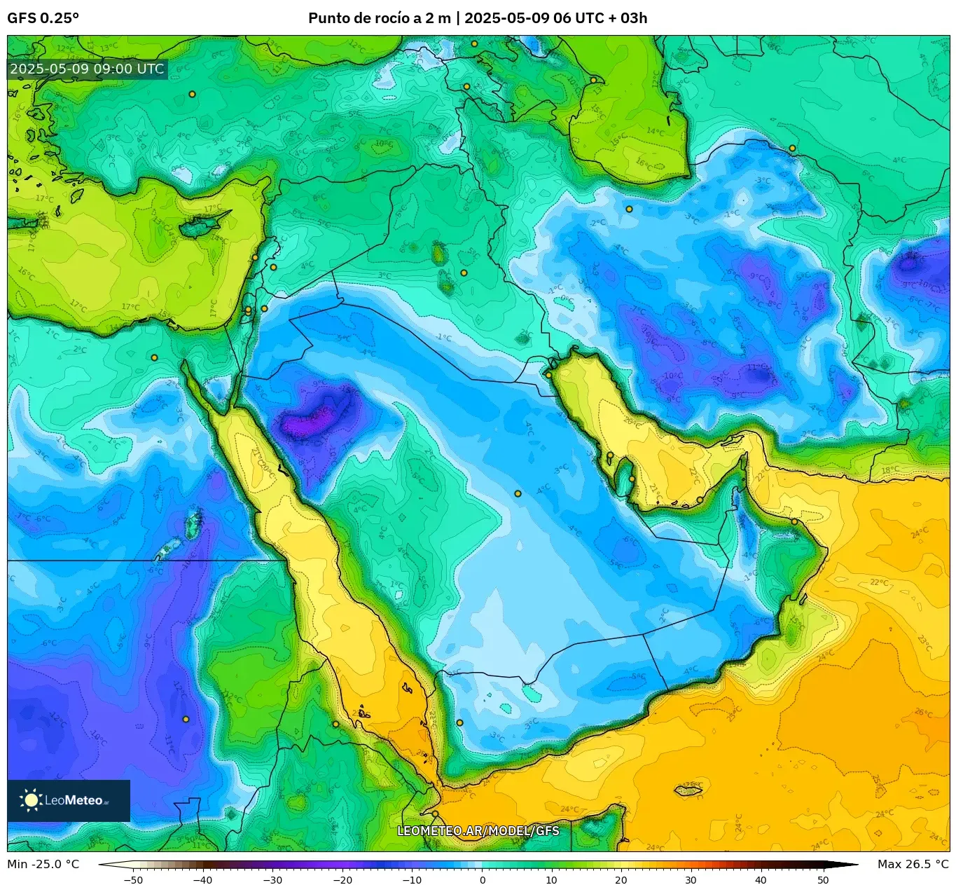 GFS - Oriente Medio, Punto de rocío a 2 m GFS - Oriente Medio, Punto de rocío a 2 m
