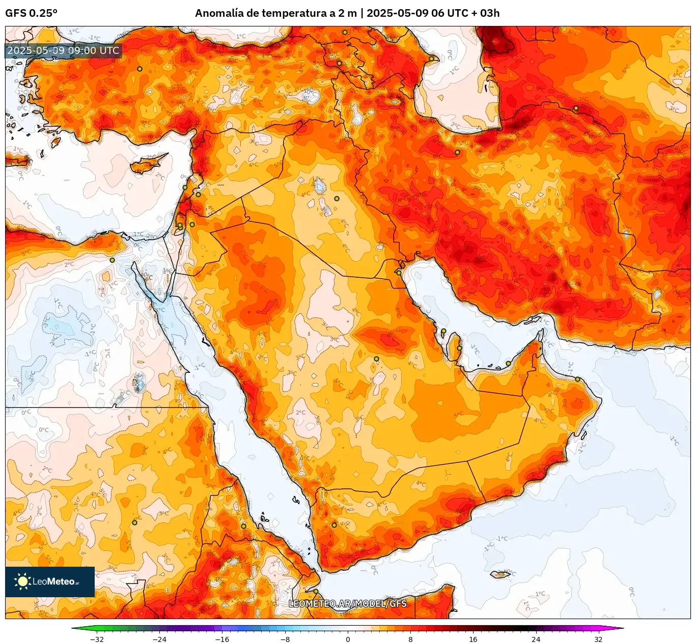 GFS - Oriente Medio, Anomalía de temperatura a 2 m GFS - Oriente Medio, Anomalía de temperatura a 2 m