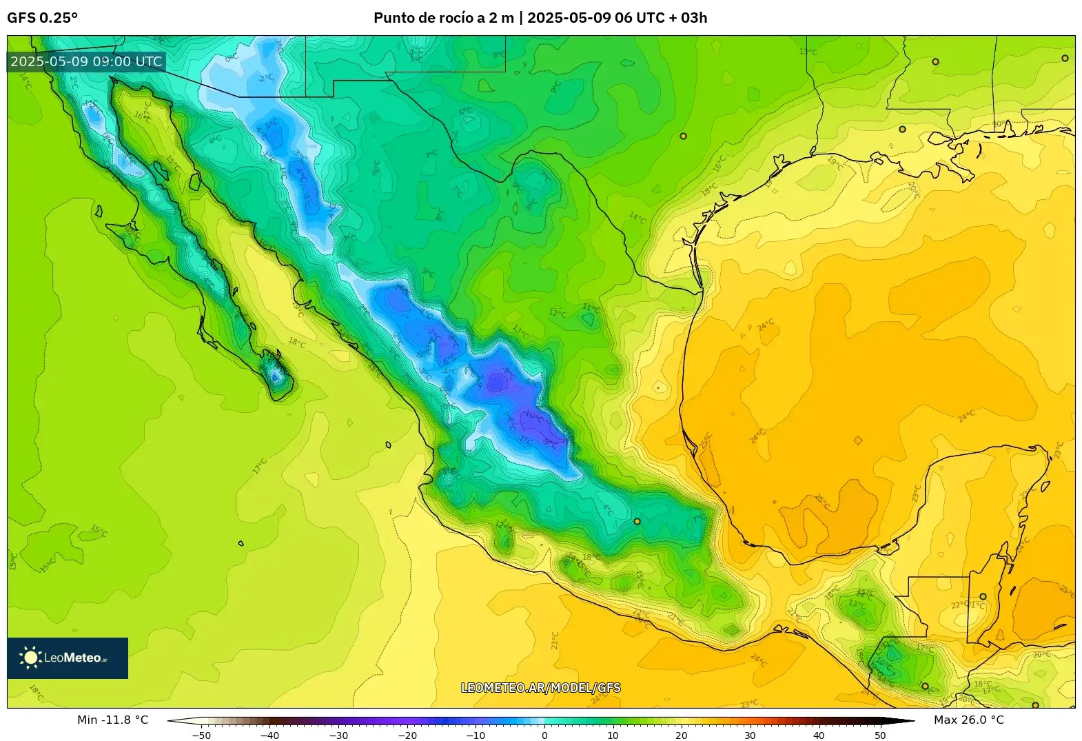 GFS - México, Punto de rocío a 2 m GFS - México, Punto de rocío a 2 m