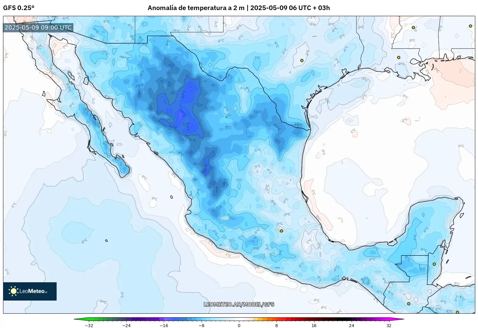 GFS - México, Anomalía de temperatura a 2 m